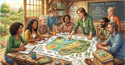 Pencil-crayon illustration of a permaculture design certificate workshop with diverse adult students gathered around a hand-drawn site map showing zones, water flow, and food forest design, with a teacher pointing to features and Mollison's Designers' Manual on the table
