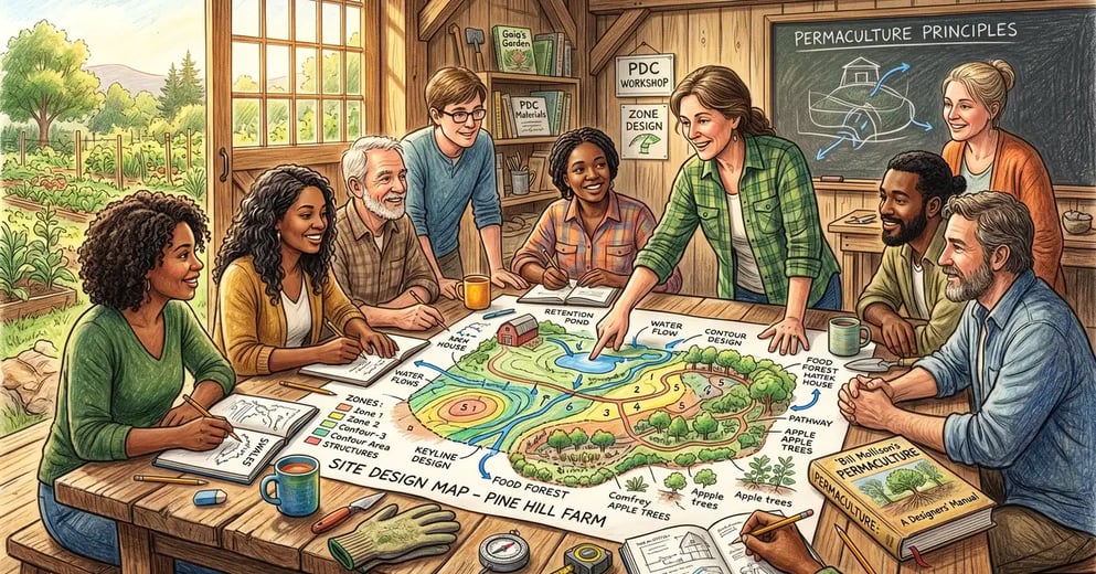 Pencil-crayon illustration of a permaculture design certificate workshop with diverse adult students gathered around a hand-drawn site map showing zones, water flow, and food forest design, with a teacher pointing to features and Mollison's Designers' Manual on the table