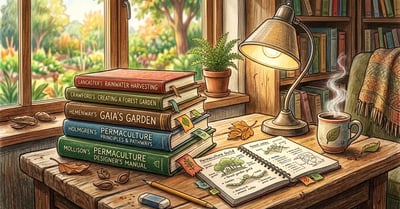 Pencil-crayon illustration of a curated permaculture library on a wooden desk with stacks of well-loved books including Mollison's Designers' Manual, Holmgren's Principles and Pathways, Hemenway's Gaia's Garden, and Crawford's Creating a Forest Garden, with a reading lamp, coffee mug, and an open notebook of permaculture sketches