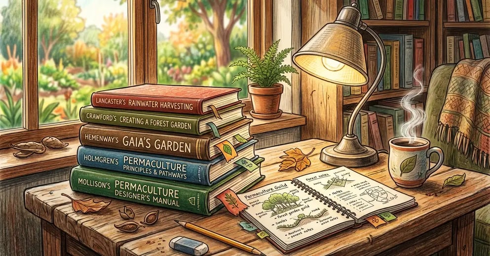 Pencil-crayon illustration of a curated permaculture library on a wooden desk with stacks of well-loved books including Mollison's Designers' Manual, Holmgren's Principles and Pathways, Hemenway's Gaia's Garden, and Crawford's Creating a Forest Garden, with a reading lamp, coffee mug, and an open notebook of permaculture sketches