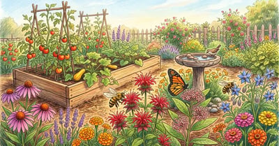 Pencil-crayon illustration of a vibrant pollinator garden in late spring with tomatoes and squash interplanted with purple coneflower, bee balm, lavender, borage, marigolds, and zinnias, with a honey bee on bee balm and a monarch butterfly on milkweed