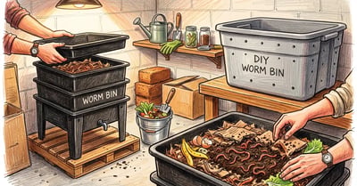 Pencil-crayon illustration of a home worm composting setup in a clean garage with a stacked tray Worm Factory 360 alongside a DIY Rubbermaid tote worm bin, hands lifting a tray to reveal red wigglers in dark castings with shredded cardboard bedding, and a small bucket of kitchen scraps