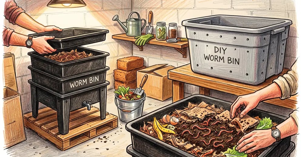 Pencil-crayon illustration of a home worm composting setup in a clean garage with a stacked tray Worm Factory 360 alongside a DIY Rubbermaid tote worm bin, hands lifting a tray to reveal red wigglers in dark castings with shredded cardboard bedding, and a small bucket of kitchen scraps