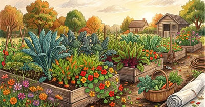 Pencil-crayon illustration of an early autumn companion-planted vegetable garden with kale, broccoli, carrots, beets, dill, and nasturtium flowers in late afternoon light