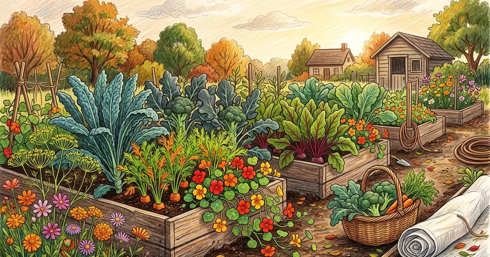 Pencil-crayon illustration of an early autumn companion-planted vegetable garden with kale, broccoli, carrots, beets, dill, and nasturtium flowers in late afternoon light