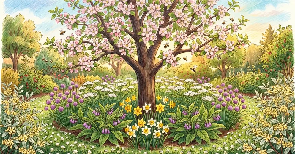 Pencil-crayon illustration of a mature blossoming apple tree at the centre of a permaculture food forest guild with comfrey, yarrow, chives, white clover, daffodils, and a flowering goumi shrub at the drip line