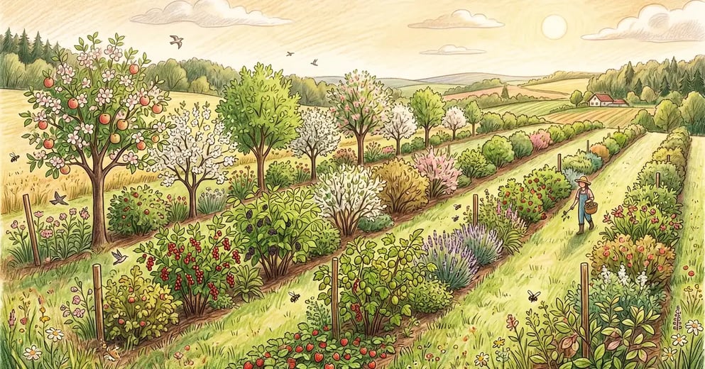 Pencil-crayon illustration of a temperate-climate syntropic agriculture row system with parallel rows of mixed apple, plum, mulberry, elderberry, currant, gooseberry, and ground-level herbs in late spring sunlight