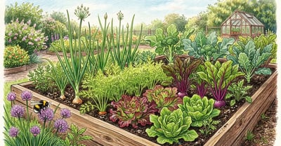 Pencil-crayon illustration of a thriving home vegetable garden bed with companion-planted onions interlaced with carrots, lettuce, beets, brassicas, and a flowering chive in the corner
