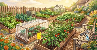 Pencil-crayon illustration of a thriving home vegetable garden with integrated pest management elements including row covers, yellow sticky trap, ladybug, soap-spray bottle, and flowering marigolds and dill