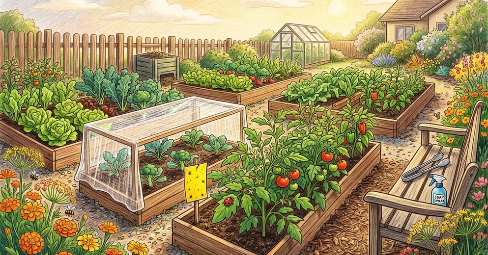 Pencil-crayon illustration of a thriving home vegetable garden with integrated pest management elements including row covers, yellow sticky trap, ladybug, soap-spray bottle, and flowering marigolds and dill