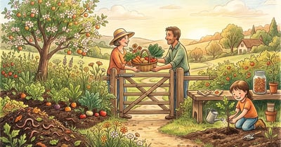 Pencil-crayon scene representing the three permaculture ethics with Earth Care as a thriving garden, People Care as hands sharing harvested vegetables across a gate, and Fair Share as saved seeds in a jar and a child planting a sapling