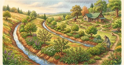 Pencil-crayon scene of a hillside permaculture homestead with two parallel swales running on contour each with planted earth berms supporting young fruit trees and ground cover with light rain falling and water pooling in the swales