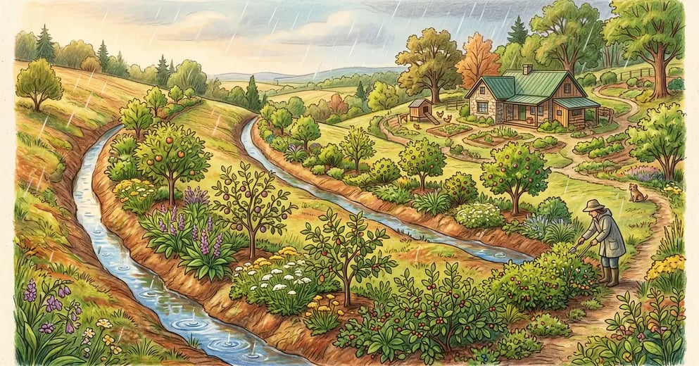 Pencil-crayon scene of a hillside permaculture homestead with two parallel swales running on contour each with planted earth berms supporting young fruit trees and ground cover with light rain falling and water pooling in the swales