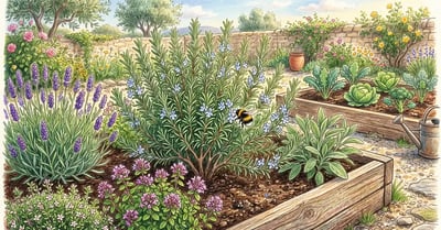 Pencil-crayon scene of a Mediterranean herb garden bed with mature rosemary at centre surrounded by lavender sage thyme and oregano with a bumblebee visiting the rosemary flowers