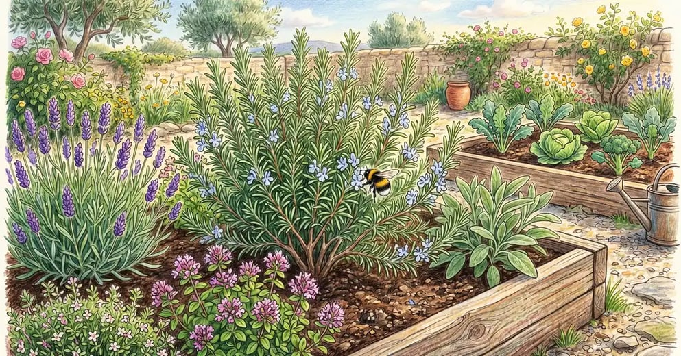 Pencil-crayon scene of a Mediterranean herb garden bed with mature rosemary at centre surrounded by lavender sage thyme and oregano with a bumblebee visiting the rosemary flowers