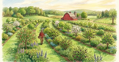Pencil-crayon scene of a temperate New England syntropic farm with rolling hills parallel planting rows on contour with apple plum mulberry currant and a red barn in the background