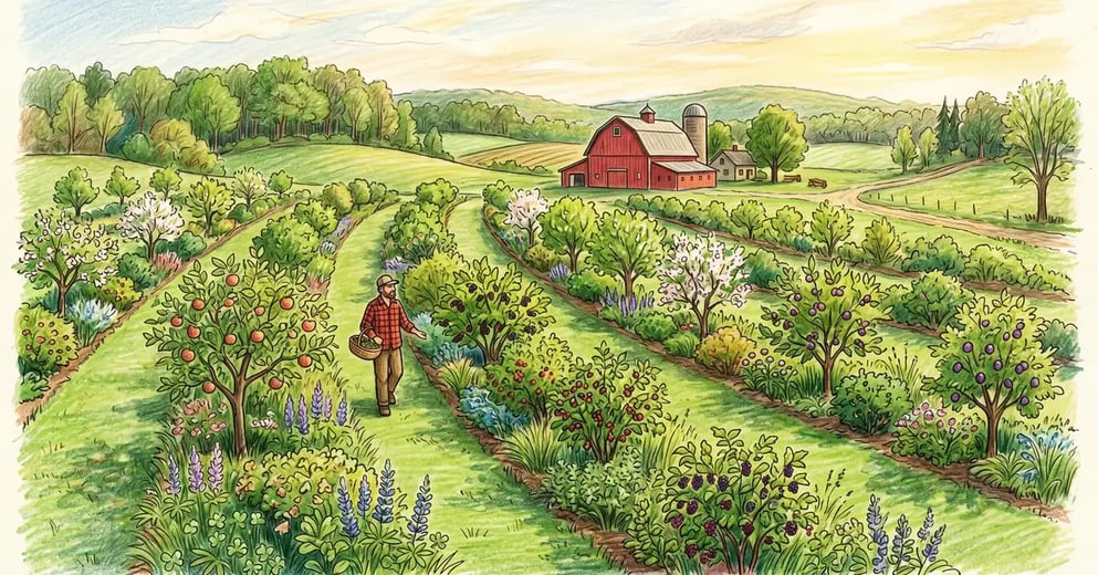 Pencil-crayon scene of a temperate New England syntropic farm with rolling hills parallel planting rows on contour with apple plum mulberry currant and a red barn in the background