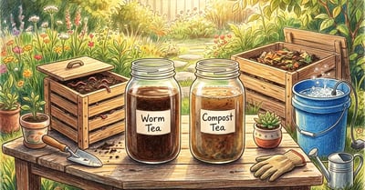 Side-by-side comparison of worm tea brewing in a 5-gallon bucket and finished compost tea in a watering can, garden setting
