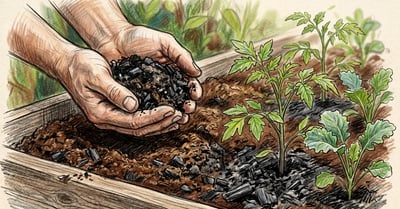Crumbly black biochar mixed into rich compost in a wooden raised bed with healthy young tomato and kale seedlings
