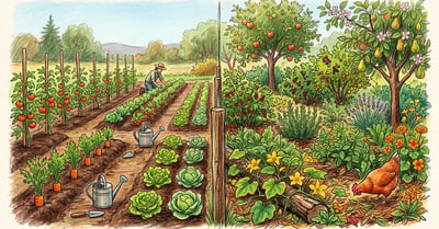 Split-frame comparison of an organic vegetable garden with neat rows on the left and a flourishing permaculture food forest with layered fruit trees on the right