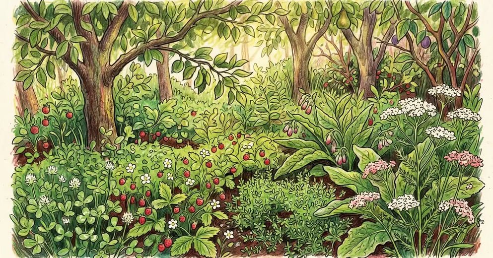 Lush food forest floor with dense ground cover of white clover, alpine strawberries, creeping thyme, comfrey, and yarrow under dappled sunlight