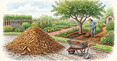 A large pile of fresh arborist wood chips on a driveway with a wheelbarrow and shovel, and a gardener spreading wood chip mulch around an apple tree in the background