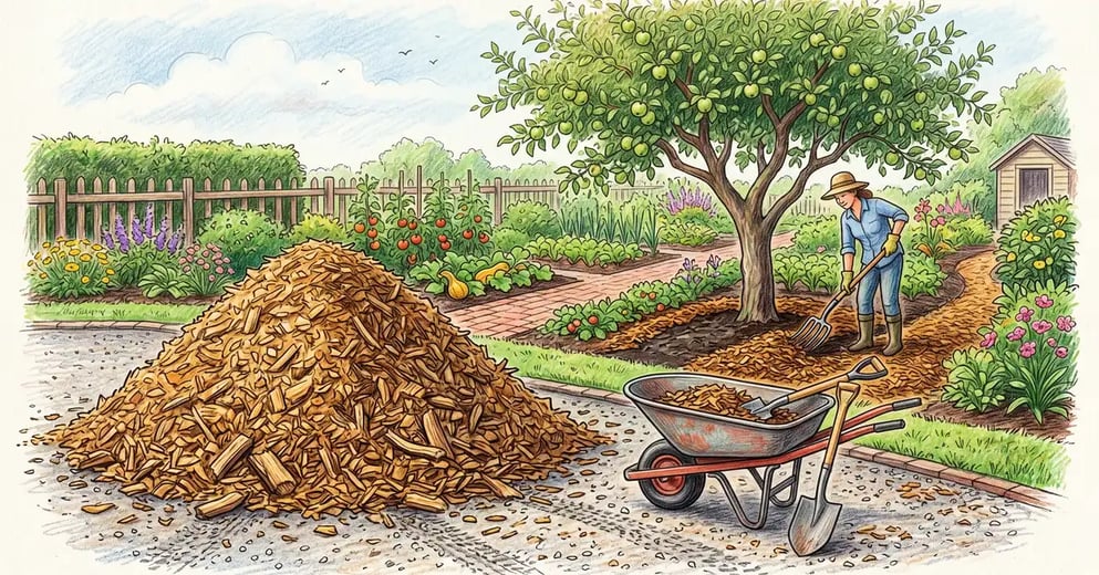 A large pile of fresh arborist wood chips on a driveway with a wheelbarrow and shovel, and a gardener spreading wood chip mulch around an apple tree in the background