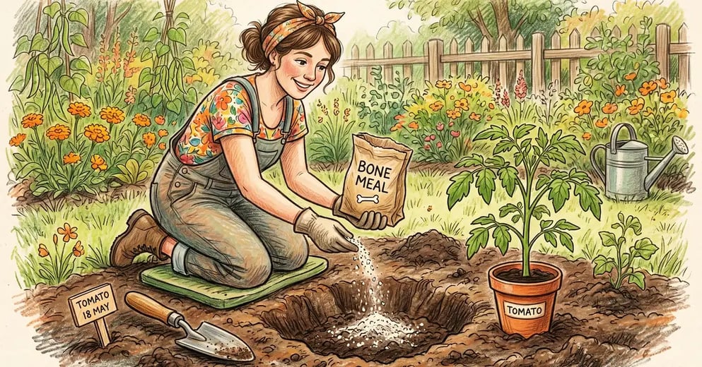 A gardener sprinkling white bone meal fertilizer into a tomato planting hole next to a healthy young tomato seedling in a backyard garden