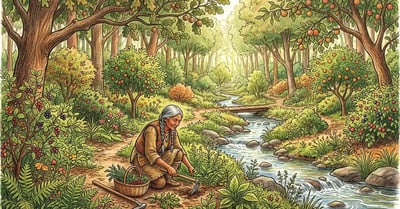 A multi-layered indigenous food forest with canopy trees, berry shrubs, herbaceous ground covers, and an elder gardener tending plants with traditional tools