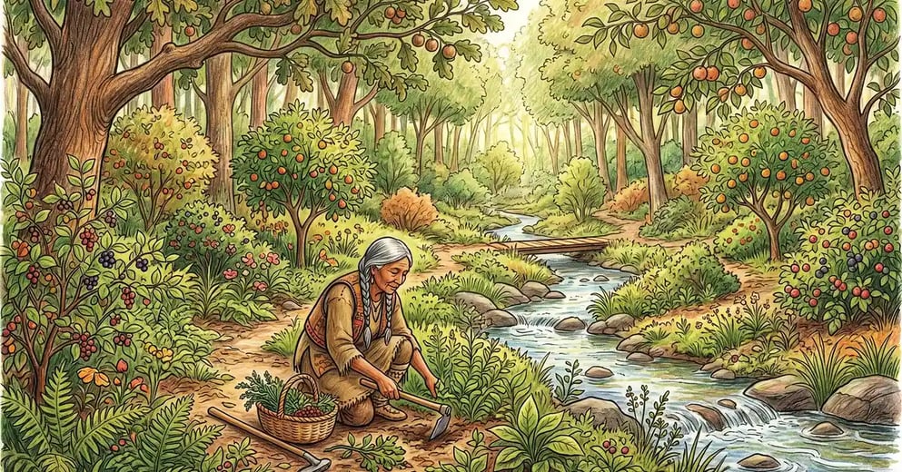 A multi-layered indigenous food forest with canopy trees, berry shrubs, herbaceous ground covers, and an elder gardener tending plants with traditional tools
