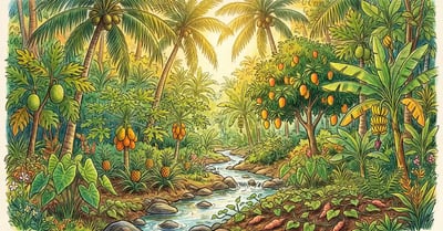 A lush tropical food forest with coconut palm canopy, mango and banana sub-canopy, papaya and pineapple, taro and sweet potato vines at ground level
