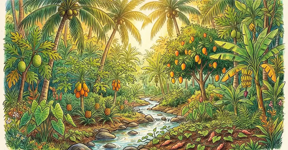 A lush tropical food forest with coconut palm canopy, mango and banana sub-canopy, papaya and pineapple, taro and sweet potato vines at ground level
