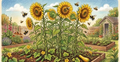 Tall mammoth sunflowers acting as living trellises with pole beans winding up their stems, with bees pollinating the heads and squash vines covering the ground at the base