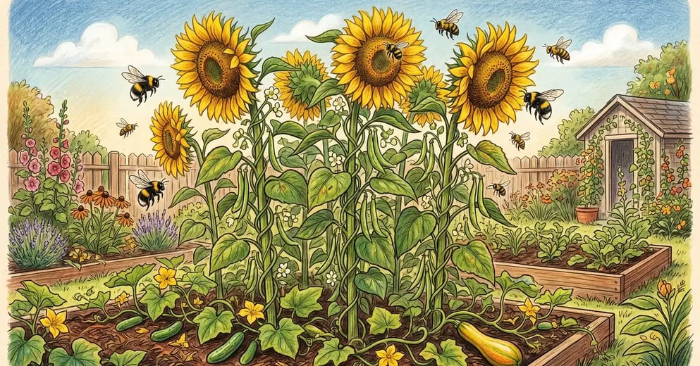 Tall mammoth sunflowers acting as living trellises with pole beans winding up their stems, with bees pollinating the heads and squash vines covering the ground at the base