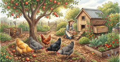Healthy mixed-breed laying hens (Buff Orpington, Plymouth Rock, Australorp) scratching beneath a mature apple tree in a backyard permaculture garden, with a chicken coop visible