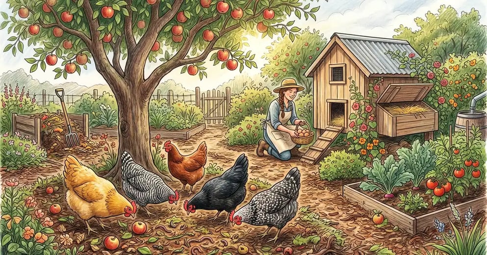 Healthy mixed-breed laying hens (Buff Orpington, Plymouth Rock, Australorp) scratching beneath a mature apple tree in a backyard permaculture garden, with a chicken coop visible