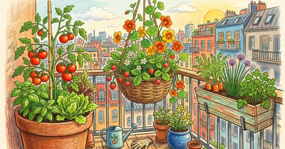 Urban balcony with multiple containers holding compatible companion plant combinations