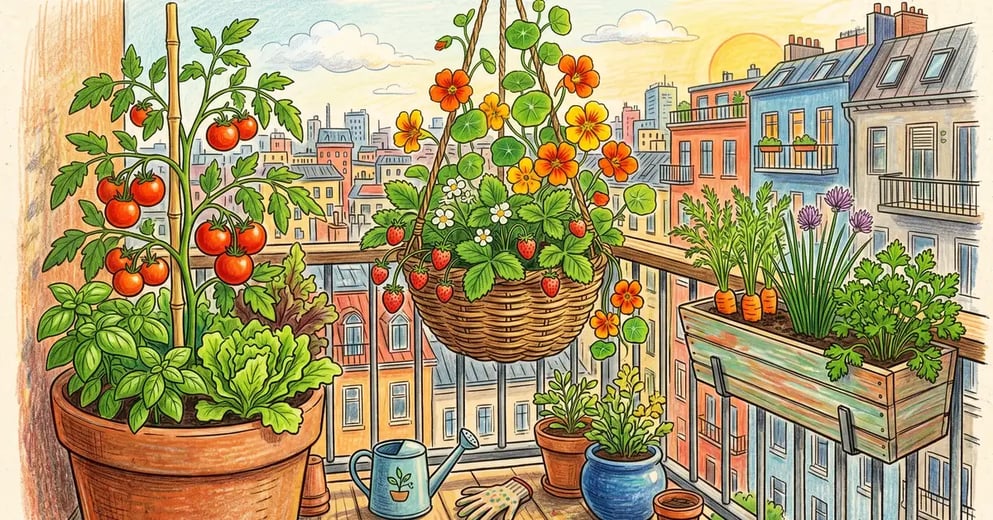 Urban balcony with multiple containers holding compatible companion plant combinations