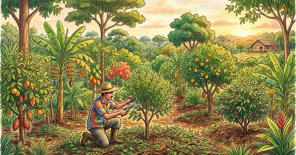 Brazilian syntropic agroforestry plot with multi-strata canopy of banana, papaya, cocoa, and timber trees and a farmer pruning with hand shears