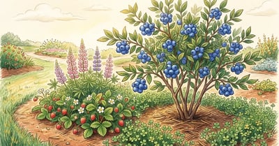 Permaculture blueberry guild garden scene with mature highbush blueberry, strawberry groundcover, purple lupines, and white clover in pencil-crayon style