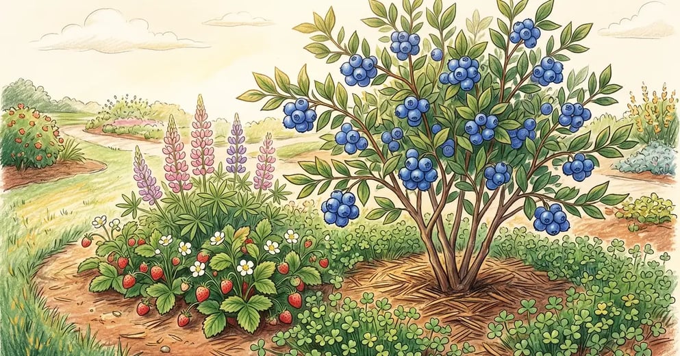 Permaculture blueberry guild garden scene with mature highbush blueberry, strawberry groundcover, purple lupines, and white clover in pencil-crayon style