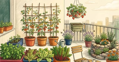 Thriving small-space urban permaculture balcony garden with trellised tomatoes, herb spiral, container vegetables and pollinator plants in pencil-crayon style