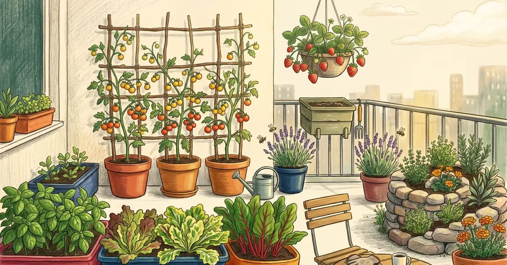 Thriving small-space urban permaculture balcony garden with trellised tomatoes, herb spiral, container vegetables and pollinator plants in pencil-crayon style