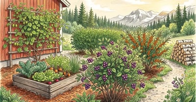 Thriving cold-climate permaculture garden in Sweden or Canada with Saskatoon berry, sea buckthorn, Siberian pea shrub windbreak, and hardy kiwi on a south wall