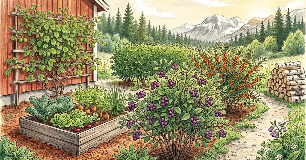 Thriving cold-climate permaculture garden in Sweden or Canada with Saskatoon berry, sea buckthorn, Siberian pea shrub windbreak, and hardy kiwi on a south wall