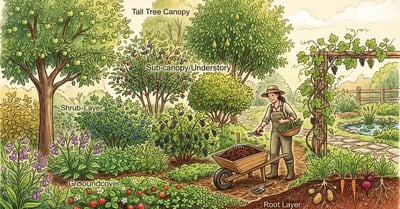 Thriving multi-layer permaculture food forest in early summer with fruit trees, shrubs, herbs and groundcover, gardener with pruning shears and mulch wheelbarrow