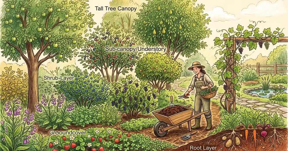 Thriving multi-layer permaculture food forest in early summer with fruit trees, shrubs, herbs and groundcover, gardener with pruning shears and mulch wheelbarrow