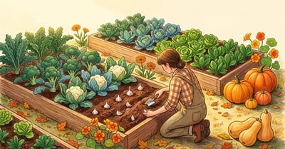 Thriving fall vegetable garden with raised beds of kale broccoli cauliflower lettuce spinach and a gardener planting garlic among orange pumpkins and squash