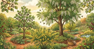 Permaculture food forest with mature black locust in white bloom, alder, Siberian pea shrub, and fruit trees behind in pencil-crayon illustration