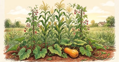 Thriving Three Sisters polyculture garden with tall green corn pole beans climbing and broad squash leaves spreading in midsummer pencil-crayon style